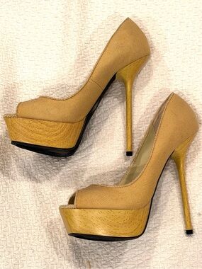 bebe Tan Peep-Toe Platform Stiletto Heels